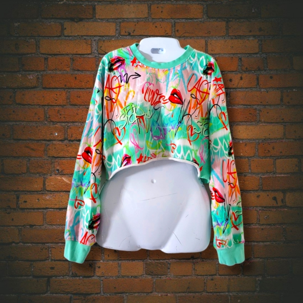 ✨️HP✨️ALDO | Super Fun Mint Green Colorful Graffiti-Inspo Crop Sweatshirt